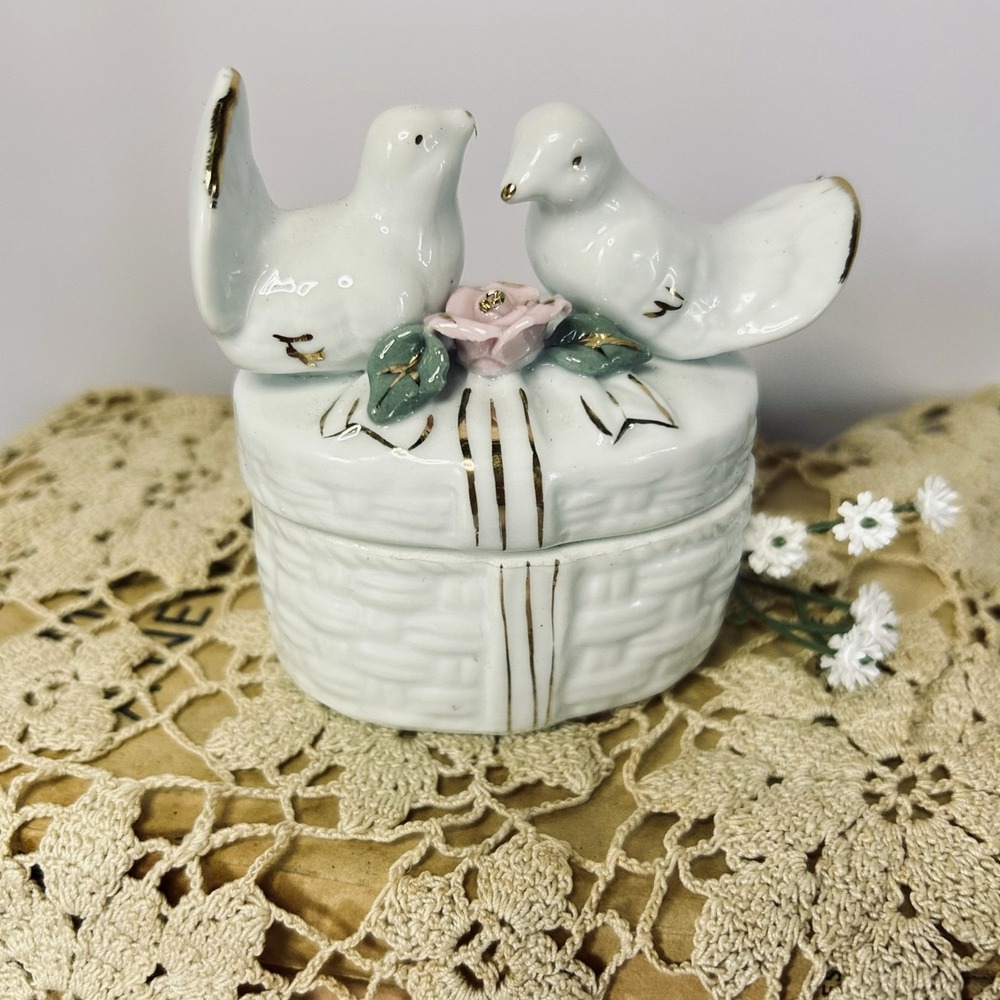 Lovebird Porcelain Trinket Box vintage Style White Gold Bird Jewelry Box Floral